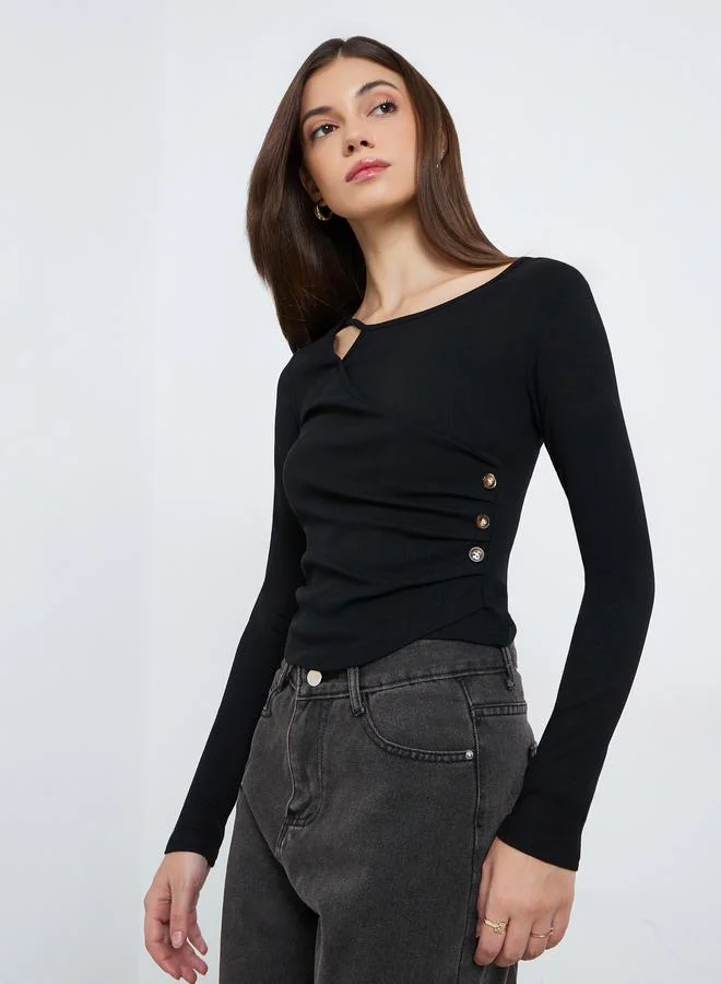 Styli Women Black Ribbed Knit Top with Button Detail